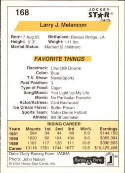 1992 Jockey Star #168 Larry J. Melancon Back